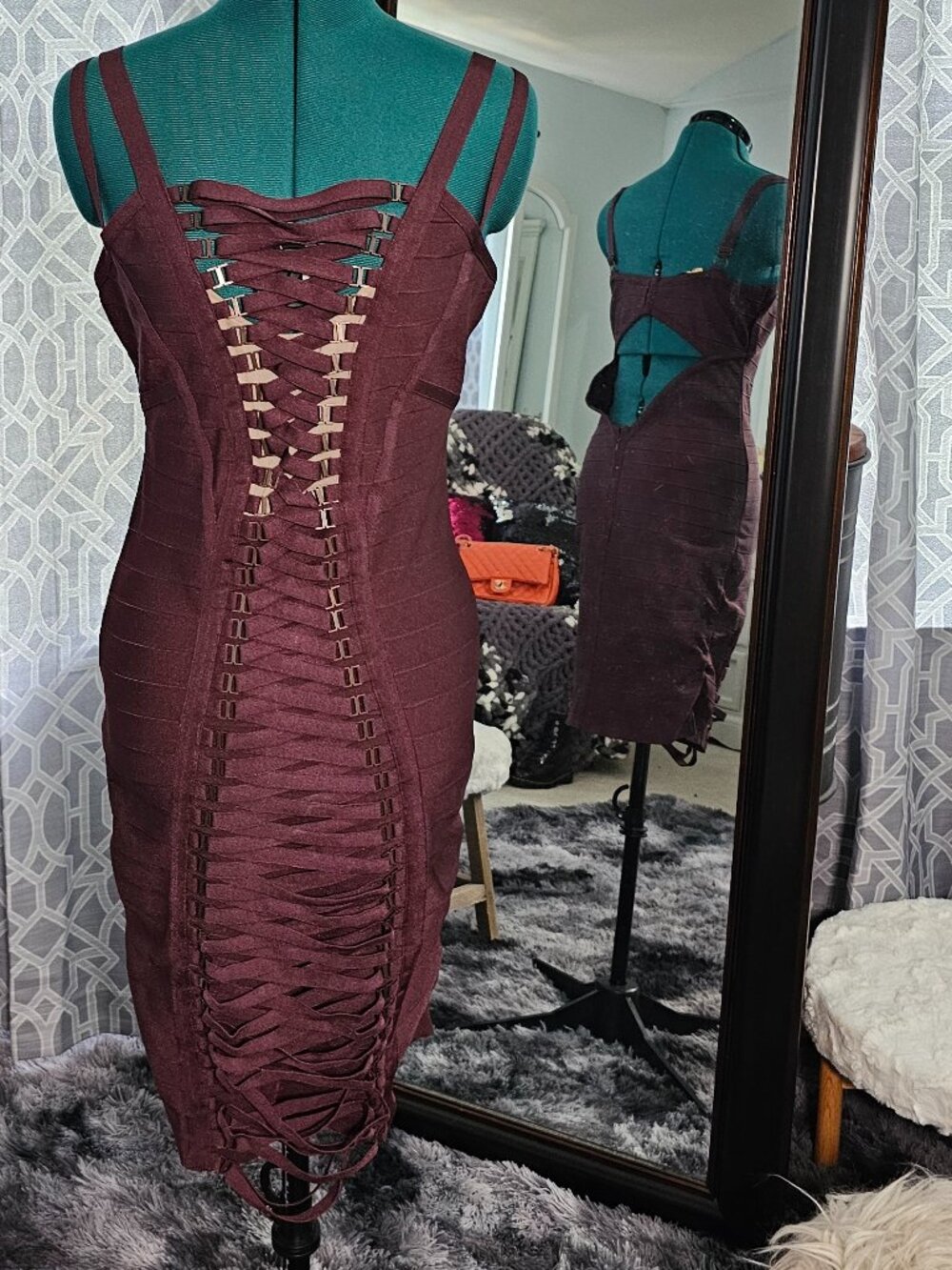 Wow Couture Gold Label Plum Cutout‑Back Bodycon Corset Dress – Size L